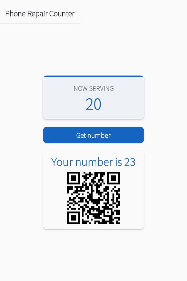 The counter tablet after a tap: the new number and a QR code to scan.